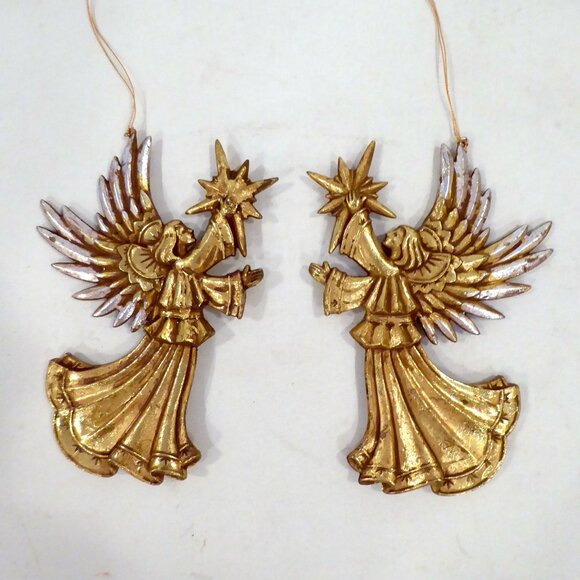 NEW 5.5” CHRISTMAS HOLIDAY GILT GOLD SILVER ANGEL ORNAMENT DOUBLE SIDED SET - Picture 1 of 7